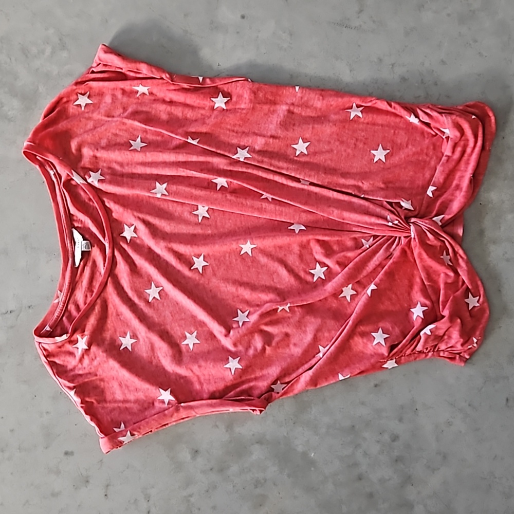 Red heathered with white star Lucky Brand tshirt side ruching & front tied knot